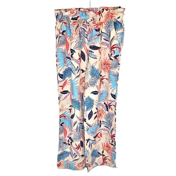 Nicole Miller Linen Blend Wide Leg Pants Medium Paper Bag Waist Tropical Floral - Picture 1 of 7